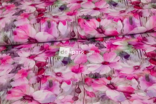 Viskoza- Akvarelové květy - růžová